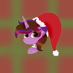 Size: 1000x1000 | Tagged: safe, artist:kathepart, oc, oc:kathepaint, pony, unicorn, brown mane, bust, christmas, hat, holiday, santa hat, simple background, solo