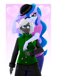 Size: 1500x2000 | Tagged: safe, artist:xan-gelx, princess luna, vice principal luna, oc, oc:night quill, human, equestria girls, age difference, blushing, bowler hat, canon, canon x oc, clothes, cougar, couple, cute, eyelashes, eyeshadow, female, hat, height difference, hug, hug from behind, humanized, larger female, lips, looking at you, luill, makeup, male, male and female, one eye closed, size difference, wink