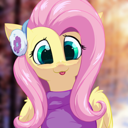 Size: 1200x1200 | Tagged: safe, artist:oblique, fluttershy, pegasus, pony, g4, :p, blurry background, bust, clothes, cute, earmuffs, female, full face view, mare, partially open wings, shyabetes, solo, sweater, sweatershy, tongue out, wings