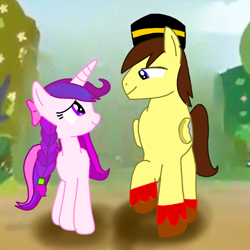 Size: 768x768 | Tagged: safe, artist:mazakbar567, edit, edited screencap, screencap, oc, oc only, oc:bouraq, oc:honey rose, pegasus, pony, unicorn, g4, the perfect pear, braid, brown mane, cap, dating, duo, hat, looking at each other, looking at someone, purple hair, ribbon