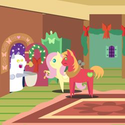 Size: 2160x2160 | Tagged: safe, anonymous artist, big macintosh, derpy hooves, fluttershy, earth pony, pegasus, pony, series:fm holidays, series:hearth's warming advent calendar 2022, g4, advent calendar, big macintosh's yoke, christmas, christmas wreath, clothes, confused, costume, derpy being derpy, female, fluttershy's cottage, ghost costume, halloween, halloween costume, high res, holiday, horse collar, lineless, male, mare, nightmare night costume, pointy ponies, sack, ship:fluttermac, shipping, snow, snowfall, stallion, straight, wreath