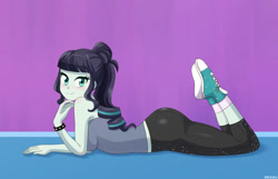 Size: 800x514 | Tagged: safe, artist:riouku, coloratura, equestria girls, alternate hairstyle, ass, blushing, butt, clothes, commission, converse, cute, female, lying down, pants, prone, rarabetes, shirt, shoes, socks, solo, spiked wristband, sweatpants, wristband