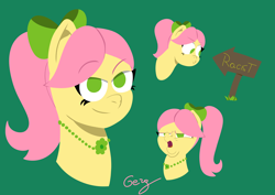 Size: 7016x4961 | Tagged: safe, artist:realgero, posey bloom, earth pony, pony, g5, absurd resolution, arin hanson face, bow, bust, faic, female, green background, hair bow, jewelry, lidded eyes, looking at something, looking at you, mare, necklace, no pupils, ponytail, sign, simple background, smiling, smug, solo, three quarter view