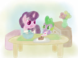 Size: 1024x768 | Tagged: safe, artist:andromedasparkz, spike, sugar belle, dragon, pony, unicorn, g4, apron, bonding, bowl, cake, clothes, cute, female, flower, food, looking at each other, looking at someone, male, mare, mixing bowl, spikabetes, sugarbetes, table, vase