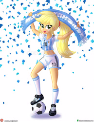 Size: 3090x4000 | Tagged: safe, artist:dieart77, applejack, human, equestria girls, g4, argentina, banner, clothes, confetti, female, fifa, football, freckles, high res, looking at you, open mouth, shoes, shorts, sign, simple background, solo, sports, uniform, white background, world cup 2022