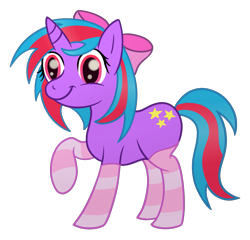 Size: 2087x2000 | Tagged: safe, artist:sweetielover, oc, oc only, oc:cosmic spark, pony, unicorn, 2023 community collab, derpibooru community collaboration, bow, clothes, female, hair bow, high res, horn, simple background, smiling, socks, solo, standing, striped socks, transparent background, unicorn oc