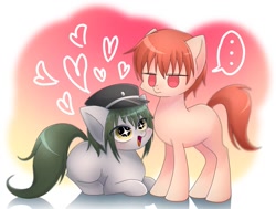 Size: 1451x1099 | Tagged: safe, artist:namaenonaipony, earth pony, pony, ..., abstract background, angel beats, ayato naoi, duo, hat, heart, no pupils, open mouth, ponified, simple background, speech bubble, white background, yuzuru otonashi