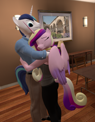 Size: 1684x2159 | Tagged: safe, artist:korizen, princess cadance, shining armor, alicorn, unicorn, anthro, g4, 3d, chair, eyes closed, female, happy, hug, husband and wife, male, married couple, smiling, source filmmaker, table, wholesome