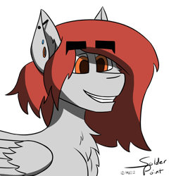 Size: 1000x1000 | Tagged: safe, artist:solder point, oc, oc only, oc:scarlett lane, pegasus, pony, cel shading, cheek fluff, chest fluff, ear fluff, ear piercing, earring, eyebrows, eyebrows visible through hair, grey fur, happy, industrial piercing, jewelry, male, pegasus oc, piercing, red mane, shading, signature, simple background, smiling, solo, stallion, thick eyebrows, transparent background