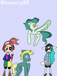 Size: 3000x4000 | Tagged: safe, alternate version, artist:enperry88, end zone, ocarina green, earth pony, inkling, octoling, pegasus, pony, g4, aloha shirt, cap, clothes, collaboration, crossover, dadfoot sandals, devil horn (gesture), flip flops, flip-flops, flying, friendship student, gesture, hat, headphones, inkling girl, light blue background, looking at each other, looking at someone, octoling girl, rugby shirt, sandals, shirt, shoes, simple background, sky blue background, splatoon, splatoon 3, spread wings, wings