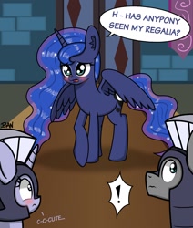 Size: 1628x1919 | Tagged: safe, artist:banquo0, princess luna, silver sable, alicorn, pony, unicorn, g4, armor, blushing, cute, dialogue, embarrassed, exclamation point, female, folded wings, guardsmare, lunabetes, male, mare, missing accessory, royal guard, royal guard armor, stallion, unicorn royal guard, we don't normally wear clothes, wings