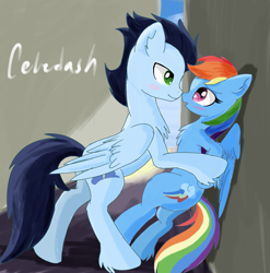 Size: 2353x2386 | Tagged: safe, artist:celedash, rainbow dash, soarin', pegasus, pony, g4, backwards cutie mark, blushing, butt, female, high res, looking at each other, looking at someone, male, mare, plot, romance, ship:soarindash, shipping, stallion, straight, sunny day, wall