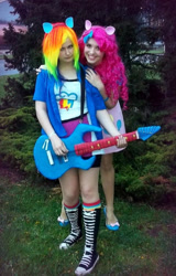 Size: 400x625 | Tagged: safe, artist:daseh, artist:pinkiekler, pinkie pie, rainbow dash, human, equestria girls, g4, clothes, cosplay, costume, electric guitar, guitar, irl, irl human, multicolored hair, musical instrument, photo, rainbow hair