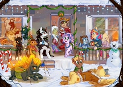 Size: 2048x1448 | Tagged: artist needed, oc name needed, safe, oc, oc:copper chip, oc:golden gates, oc:silver span, changeling, dragon, kirin, pegasus, pony, unicorn, bell, bell collar, candy, candy cane, chocolate, christmas, christmas stocking, christmas tree, christmas wreath, clothes, collar, fire, fireplace, food, holiday, hot chocolate, marshmallow, pie, scarf, snow, snowman, tree, window, wreath