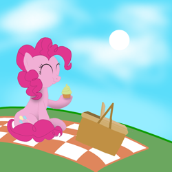 Size: 1280x1280 | Tagged: safe, artist:royhane, pinkie pie, earth pony, pony, g4, basket, cloud, cupcake, cute, diapinkes, food, grass, grass field, hill, holding, hoof hold, picnic, picnic basket, picnic blanket, sky, solo, sun, sweet dreams fuel
