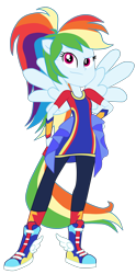 Size: 1900x3834 | Tagged: safe, artist:gmaplay, rainbow dash, cheer you on, equestria girls, g4, my little pony equestria girls: better together, alternate hairstyle, clothes, eyebrows, gorget, hand on hip, long shirt, pants, ponied up, ponytail, raised eyebrow, shoes, simple background, socks, solo, super ponied up, sweatpants, transparent background, wings
