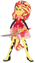 Size: 1900x3390 | Tagged: safe, artist:gmaplay, sunset shimmer, cheer you on, equestria girls, g4, spoiler:eqg series (season 2), alternate hairstyle, boots, clothes, fingerless gloves, ponied up, shoes, simple background, sleeveless, solo, super ponied up, sword, transparent background, weapon