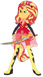 Size: 1900x3390 | Tagged: safe, artist:gmaplay, sunset shimmer, cheer you on, equestria girls, g4, my little pony equestria girls: better together, alternate hairstyle, boots, clothes, fingerless gloves, ponied up, shoes, simple background, sleeveless, solo, super ponied up, sword, transparent background, weapon