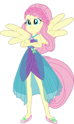 Size: 1900x3162 | Tagged: safe, artist:gmaplay, fluttershy, cheer you on, equestria girls, g4, my little pony equestria girls: better together, alternate hairstyle, bare shoulders, clothes, crossed arms, dress, ponied up, shoes, simple background, sleeveless, solo, super ponied up, transparent background, wings