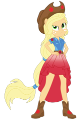 Size: 2600x4108 | Tagged: safe, artist:gmaplay, applejack, cheer you on, equestria girls, g4, my little pony equestria girls: better together, alternate hairstyle, belt, boots, clothes, cowboy hat, eyebrows, hand on hip, hat, ponied up, pony ears, raised eyebrow, shirt, shoes, simple background, skirt, solo, stetson, super ponied up, transparent background