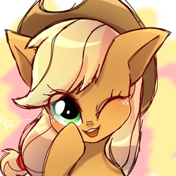 Size: 1280x1280 | Tagged: safe, artist:namaenonaipony, applejack, earth pony, pony, g4, abstract background, applejack's hat, bust, cowboy hat, cute, eye clipping through hair, female, freckles, hat, jackabetes, looking at you, mare, one eye closed, open mouth, smiling, solo, wink, winking at you