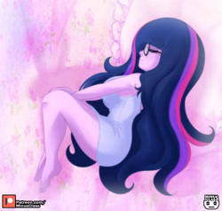 Size: 3500x3333 | Tagged: safe, artist:minusclass, sci-twi, twilight sparkle, human, equestria girls, g4, barefoot, breasts, busty sci-twi, feet, female, high res, long hair, patreon, patreon logo, sleeping, solo, watermark