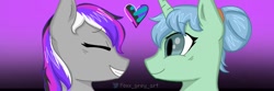 Size: 1080x360 | Tagged: safe, artist:foxx_grey_art, oc, oc only, oc:star flower, pegasus, pony, unicorn, commission, duo, duo female, female, gradient background, heart, horn, mare, pegasus oc, simple background, smiling, unicorn oc, ych result