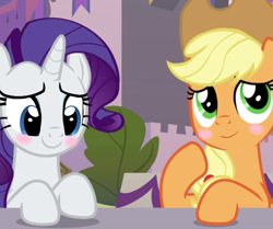 Size: 1198x1000 | Tagged: safe, edit, edited screencap, screencap, applejack, rarity, earth pony, pony, unicorn, g4, memories and more, my little pony: friendship is forever, the last problem, applejack's hat, blushing, cowboy hat, duo, hat, looking at something, looking up, smiling, table