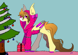 Size: 3508x2480 | Tagged: safe, artist:hrabiadeblacksky, oc, oc only, oc:orange heart, bat pony, cat, pony, bow, box, christmas, christmas tree, clothes, commission, commission open, high res, holiday, hoodie, jacket, present, solo, tree, unshorn fetlocks