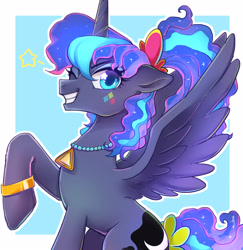 Size: 2100x2160 | Tagged: safe, artist:hosikawa, princess luna, alicorn, pony, between dark and dawn, g4, 80s princess luna, abstract background, female, high res, horn, jewelry, looking at you, mare, necklace, one eye closed, raised hoof, simple background, sitting, solo, spread wings, stars, white background, wings, wink, winking at you