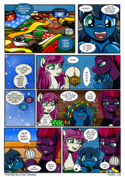 Size: 2480x3508 | Tagged: safe, artist:dsana, fizzlepop berrytwist, tempest shadow, oc, oc:lullaby dusk, oc:thistledown, earth pony, pegasus, pony, unicorn, comic:a storm's lullaby, g4, female, filly, foal, hearth's warming eve, high res, mare