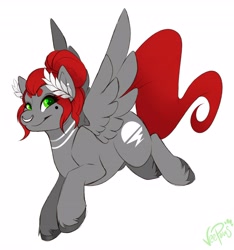 Size: 3835x4096 | Tagged: safe, artist:veepaws, oc, oc only, oc:void, pegasus, pony, female, flying, hair bun, laurel wreath, mare, nose piercing, nose ring, pegasus oc, piercing, signature, simple background, smiling, solo, spread wings, white background, wings