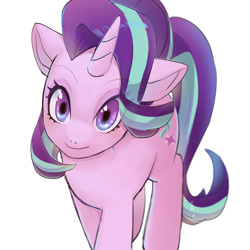 Size: 2000x2000 | Tagged: safe, artist:hosikawa, starlight glimmer, pony, unicorn, g4, eye clipping through hair, eyebrows, eyebrows visible through hair, female, high res, horn, looking at you, mare, purple eyes, simple background, smiling, smiling at you, solo, white background, wrong eye color