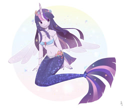 Size: 2000x1728 | Tagged: safe, artist:hosikawa, twilight sparkle, human, mermaid, g4, abstract background, bare shoulders, female, flower, flower in hair, horn, humanized, jewelry, mermaidized, necklace, pearl, pearl necklace, simple background, sleeveless, solo, species swap