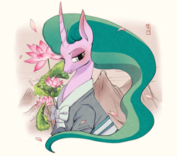 Size: 2536x2228 | Tagged: safe, artist:hosikawa, mistmane, pony, unicorn, g4, abstract background, bust, clothes, female, flower, high res, horn, japanese, lotus (flower), mare, mountain, solo, young mistmane