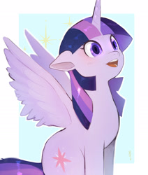 Size: 2200x2600 | Tagged: safe, artist:hosikawa, twilight sparkle, alicorn, pony, g4, abstract background, cute, female, floppy ears, high res, horn, mare, open mouth, simple background, sitting, smiling, solo, sparkles, spread wings, twiabetes, twilight sparkle (alicorn), white background, wings