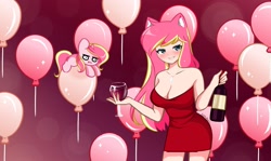 Size: 2048x1219 | Tagged: safe, artist:kittyrosie, oc, oc only, oc:rosa flame, human, pony, unicorn, :i, absolute cleavage, alcohol, balloon, bare shoulders, birthday, blushing, breasts, champagne, champagne glass, cleavage, clothes, dress, female, grin, happy birthday, horn, human ponidox, humanized, jewelry, necklace, pinpoint eyes, self paradox, self ponidox, sleeveless, smiling, strapless, unicorn oc, wine
