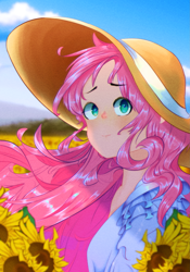Size: 1867x2667 | Tagged: safe, fluttershy, human, equestria girls, g4, flower, hat, humanized, scenery
