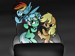 Size: 1024x768 | Tagged: safe, artist:andromedasparkz, applejack, lyra heartstrings, rainbow dash, earth pony, pegasus, pony, unicorn, g4, controller, couch, female, gaming, mare, missing accessory, television