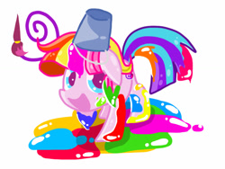 Size: 1024x768 | Tagged: safe, artist:andromedasparkz, toola roola, earth pony, pony, g4, brush, bucket, female, mare, paint, simple background, solo, white background