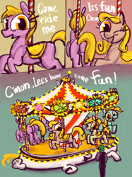 Size: 2048x2732 | Tagged: safe, artist:ja0822ck, oc, oc only, oc:anon, human, object pony, original species, pony, body horror, butt, carousel, eldritch abomination, high res, one eye closed, plot, ponified, saddle, tack, thinking, what has magic done, when you see it, wink