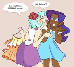 Size: 1200x1098 | Tagged: safe, artist:stevetwisp, coco pommel, rarity, human, g4, blushing, clothes, clothes hanger, dark skin, dress, duo, eyes closed, eyeshadow, female, grin, humanized, lesbian, makeup, open mouth, ship:marshmallow coco, shipping, skirt, smiling