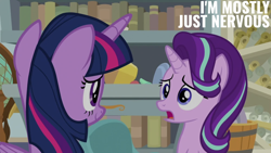 Size: 1280x720 | Tagged: safe, edit, edited screencap, editor:quoterific, screencap, starlight glimmer, twilight sparkle, alicorn, pony, unicorn, a horse shoe-in, g4, book, bookshelf, duo, duo female, female, twilight sparkle (alicorn)