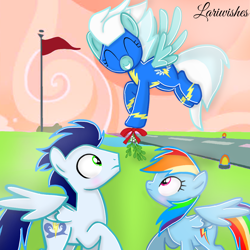 Size: 1100x1100 | Tagged: safe, artist:mlplary6, fleetfoot, rainbow dash, soarin', pegasus, pony, g4, ^^, blushing, boyfriend and girlfriend, clothes, eyes closed, female, fleetfoot the shipper, flying, male, mare, mistletoe, partially open wings, ship:soarindash, shipper on deck, shipping, smiling, spread wings, stallion, straight, uniform, wings, wonderbolts headquarters, wonderbolts uniform