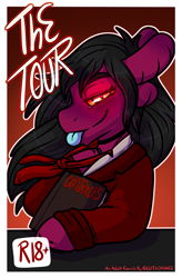 Size: 4820x7370 | Tagged: safe, artist:sexygoatgod, oc, oc:kelp butt, oc:ogkb, cusige, original species, comic:the tour, bushy brows, clothes, cover, intersex, necktie, solo, suit, thick eyebrows, tongue out