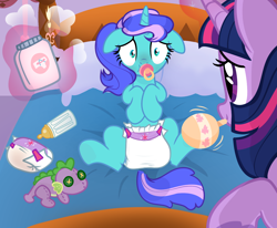 Size: 1456x1200 | Tagged: safe, artist:juicebarx, twilight sparkle, oc, oc:aqua regia, pony, unicorn, g4, baby bottle, diaper, diaper change, diaper fetish, female, fetish, horn, non-baby in diaper, show accurate, unicorn oc, urine, used diaper, wet diaper