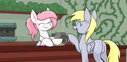 Size: 2248x1103 | Tagged: safe, artist:moonatik, derpy hooves, oc, oc:sugar morning, pegasus, pony, g4, apron, bush, butt, clothes, coffee machine, coffee mug, coffee shop, cute, duo, duo female, eyes closed, featureless crotch, female, mare, mug, pegasus oc, plants, plot, secret santa, shirt, smiling, vine, wings