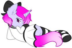 Size: 3702x2475 | Tagged: safe, artist:arshe12, oc, oc only, oc:sugar gin, pony, unicorn, background removed, bow, clothes, commission, dress, ear fluff, female, hair bow, high res, horn, looking at you, looking back, looking back at you, simple background, socks, solo, stockings, striped socks, thigh highs, transparent background, unicorn oc, ych result