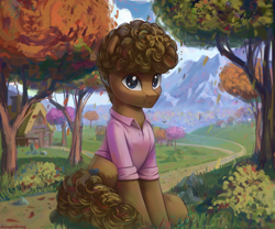 Size: 2400x2000 | Tagged: safe, artist:adagiostring, oc, oc only, earth pony, pony, afro, autumn, commission, earth pony oc, forest, forest background, high res, leaves, male, mountain, scenery, sitting, solo, stallion, tree