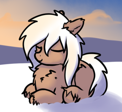 Size: 475x437 | Tagged: safe, artist:neuro, oc, oc only, earth pony, yakutian horse, aggressively floofy, cute, eyes closed, female, fluffy, lying down, mare, ocbetes, ponyloaf, prone, snow, solo